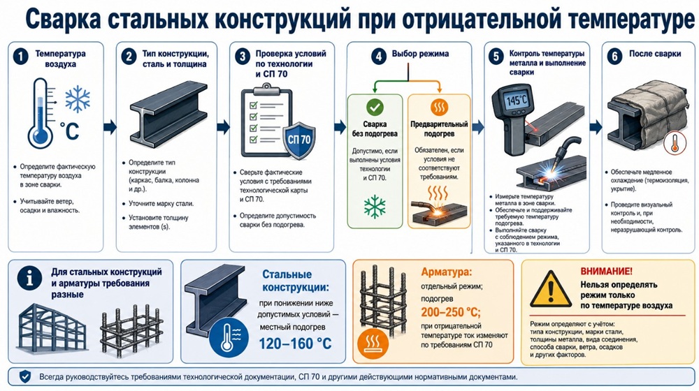 Температурный режим сварки зависит не только от мороза, но и от типа конструкции, стали, толщины элемента и требований технологии.