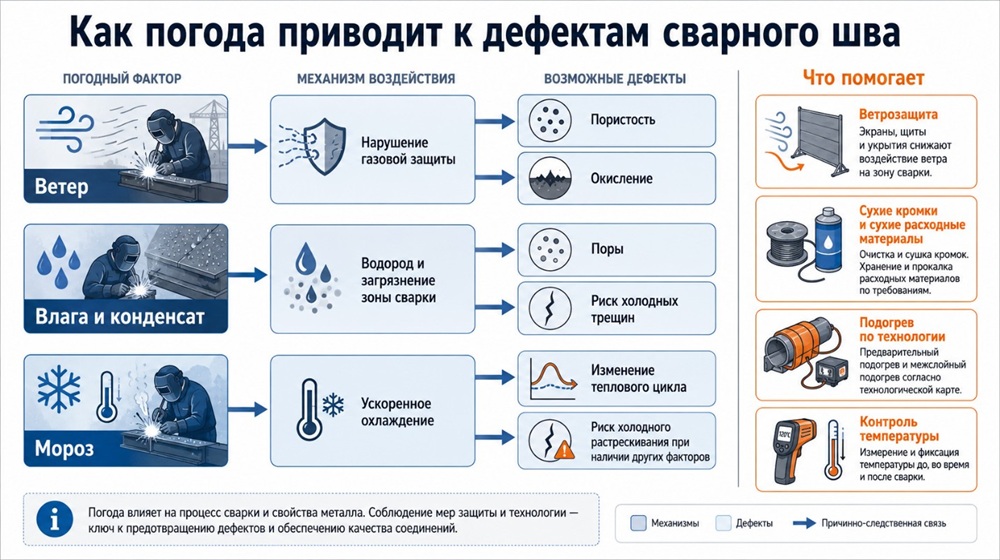 Ветер, влага и мороз воздействуют на сварку по-разному, поэтому причины дефекта нужно искать в сочетании погодных и технологических факторов.
